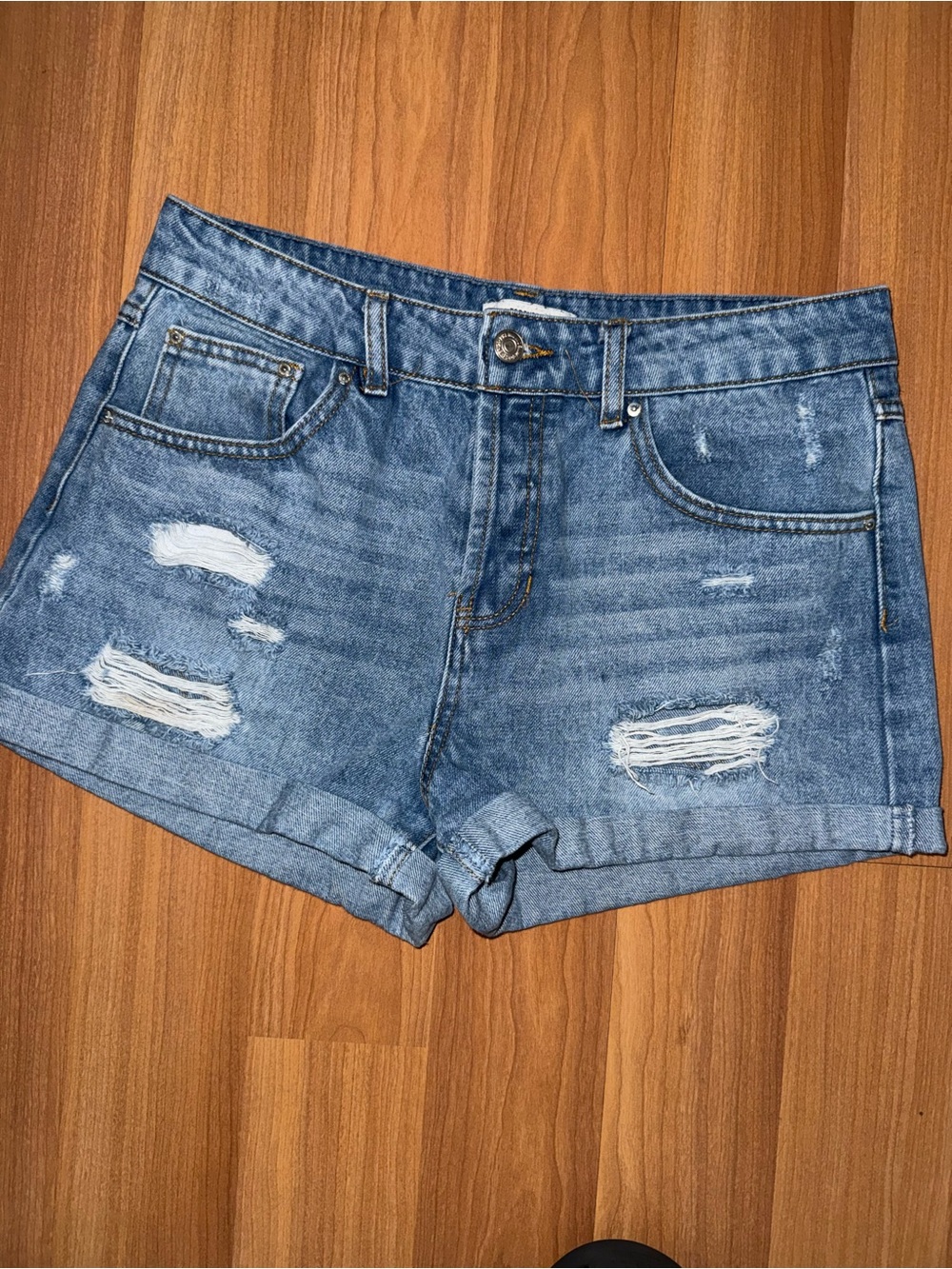 Forever 21 Blue Distressed Rolled-Hem Denim Shorts